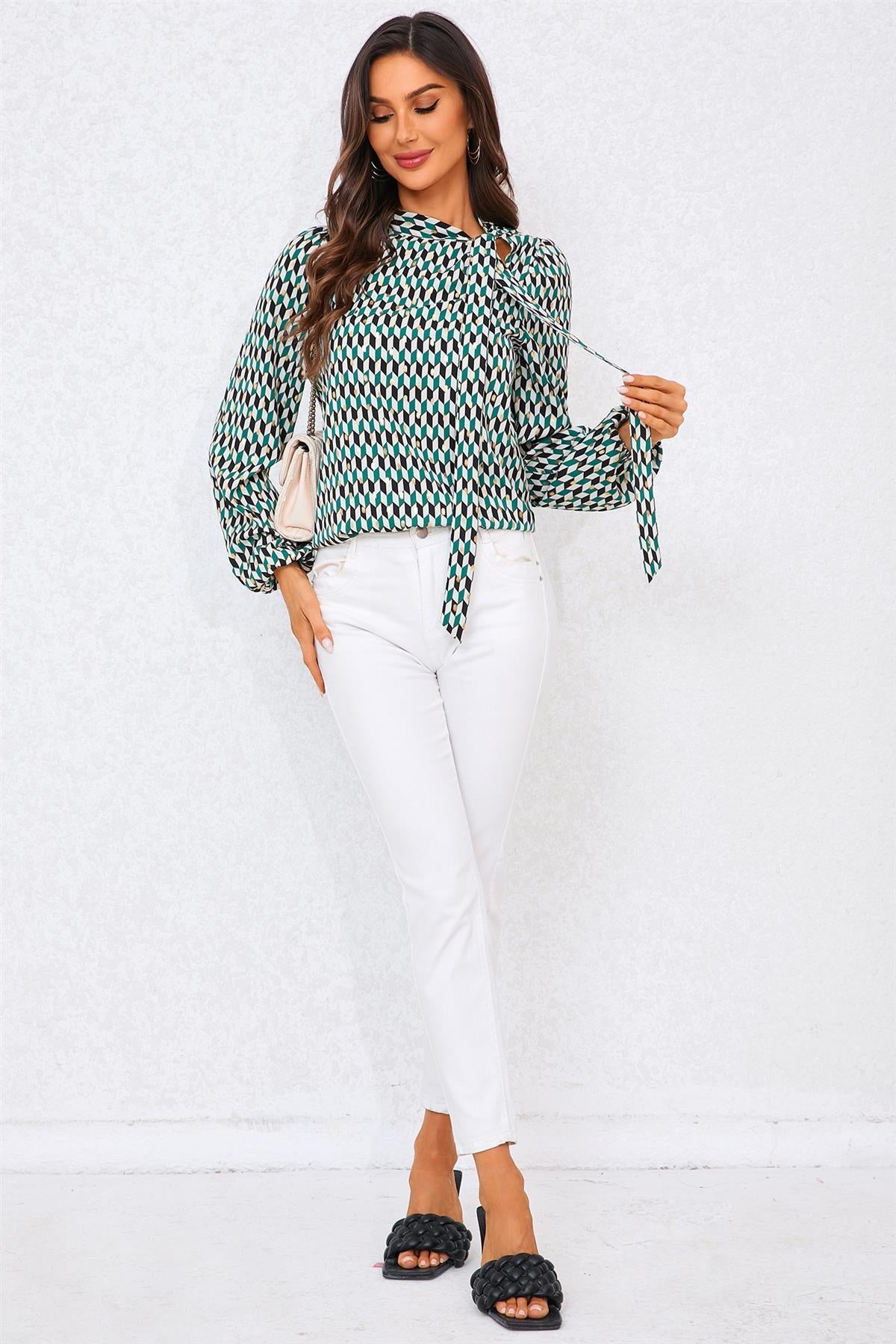Geo Print Side Tie Blouse Top In Green