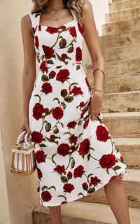 Red Roses Print Heart Neck Midi Dress In Off White