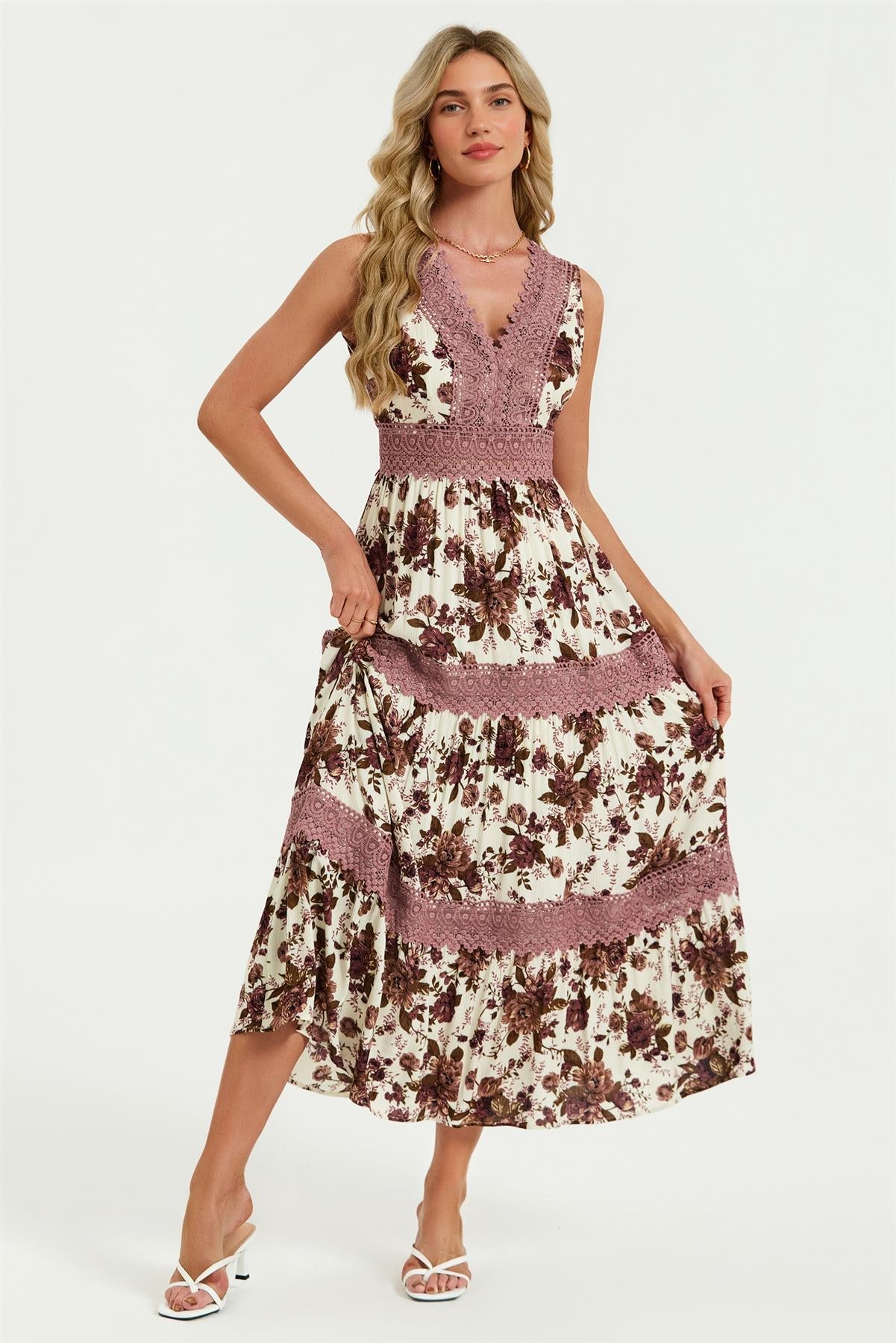 Floral Print Lace Detail Maxi Dress In Off White