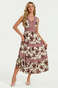 Floral Print Lace Detail Maxi Dress In Off White