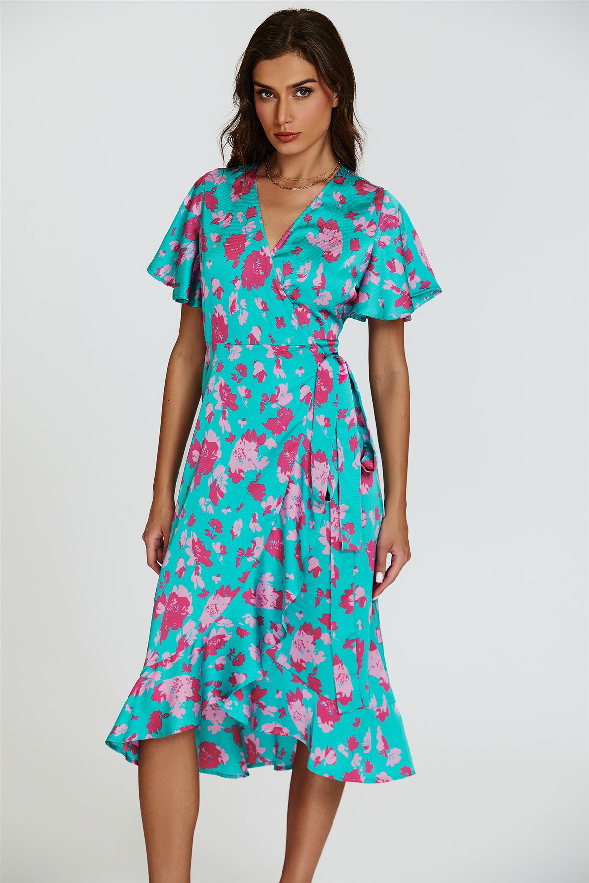 Turquoise & Hot Pink Print Angel Sleeve Wrap Midi Dress