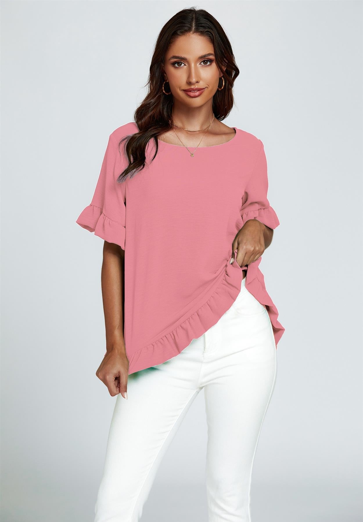 Frill Detail Short Sleeves Top In Powder