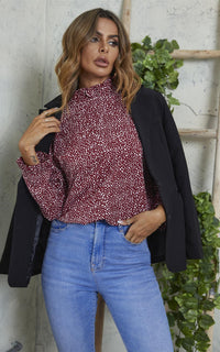 Frill Detail High Neck Top In Wine Red & White Animal Print