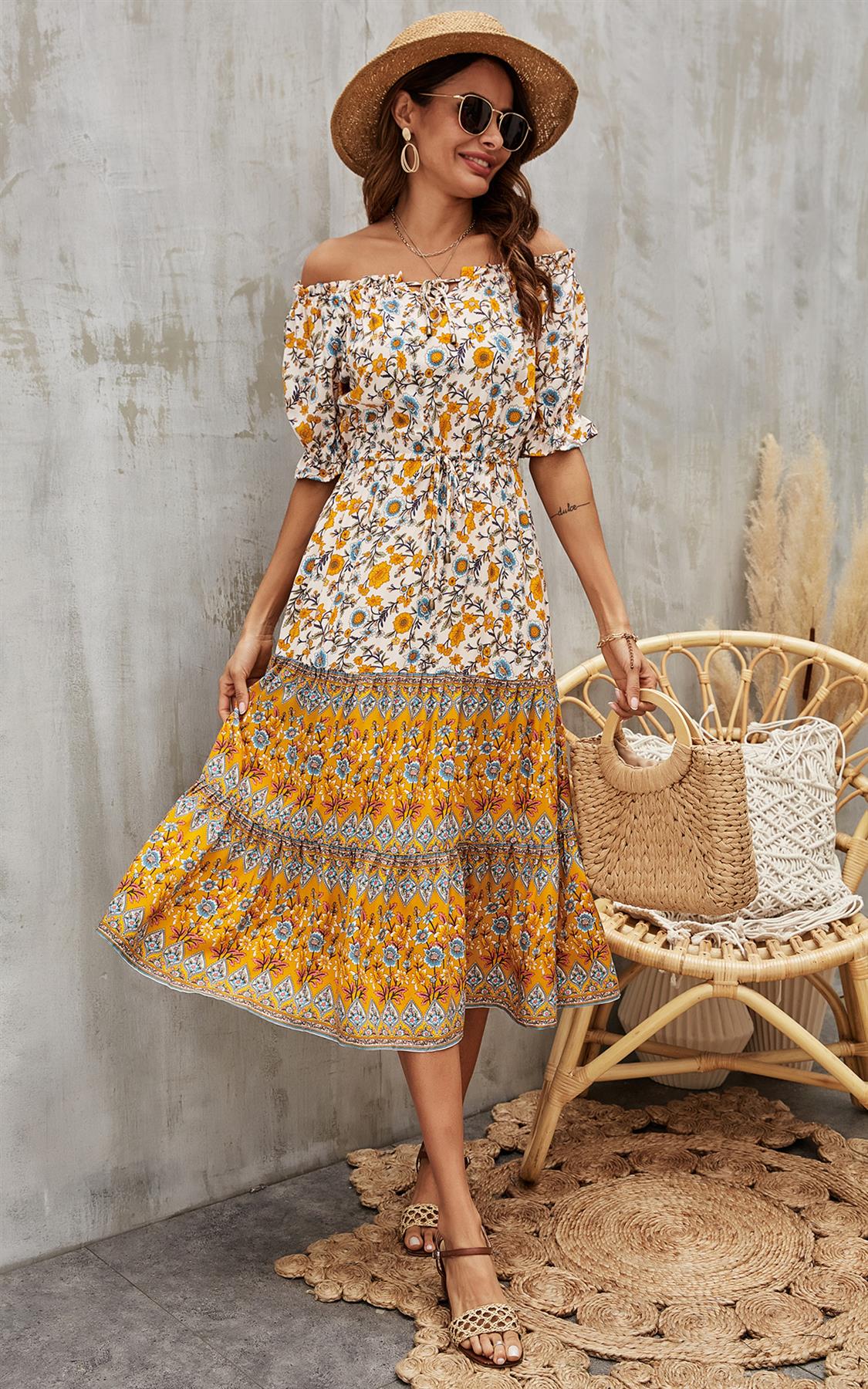 Boho Floral Print Bardot dress In Yellow
