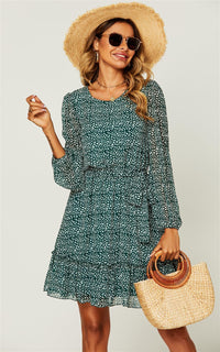 Ruffled Chiffon Long Sleeve Mini Dress In Dark Green Leopard Print