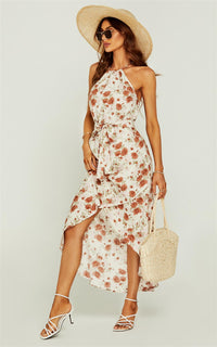 Rose Print Hight Low Spilt Halterneck Tiered Maxi Dress In White