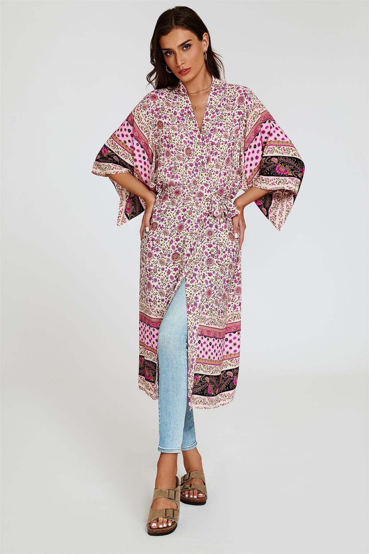 Relaxed Cotton Kimono In Pink