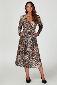 Leopard Print Mesh Midi Dress In Brown
