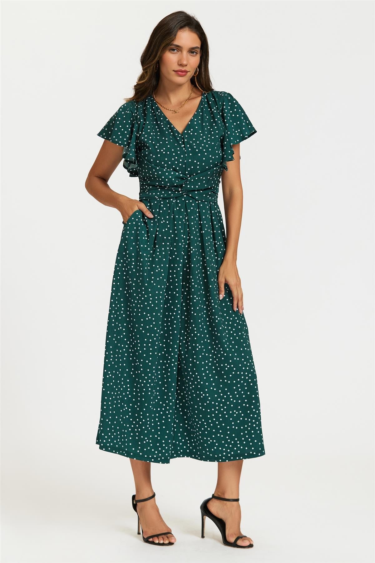Polka Dot Angel Sleeve Twist Jumpsuit In Green