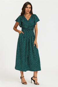 Polka Dot Angel Sleeve Twist Jumpsuit In Green