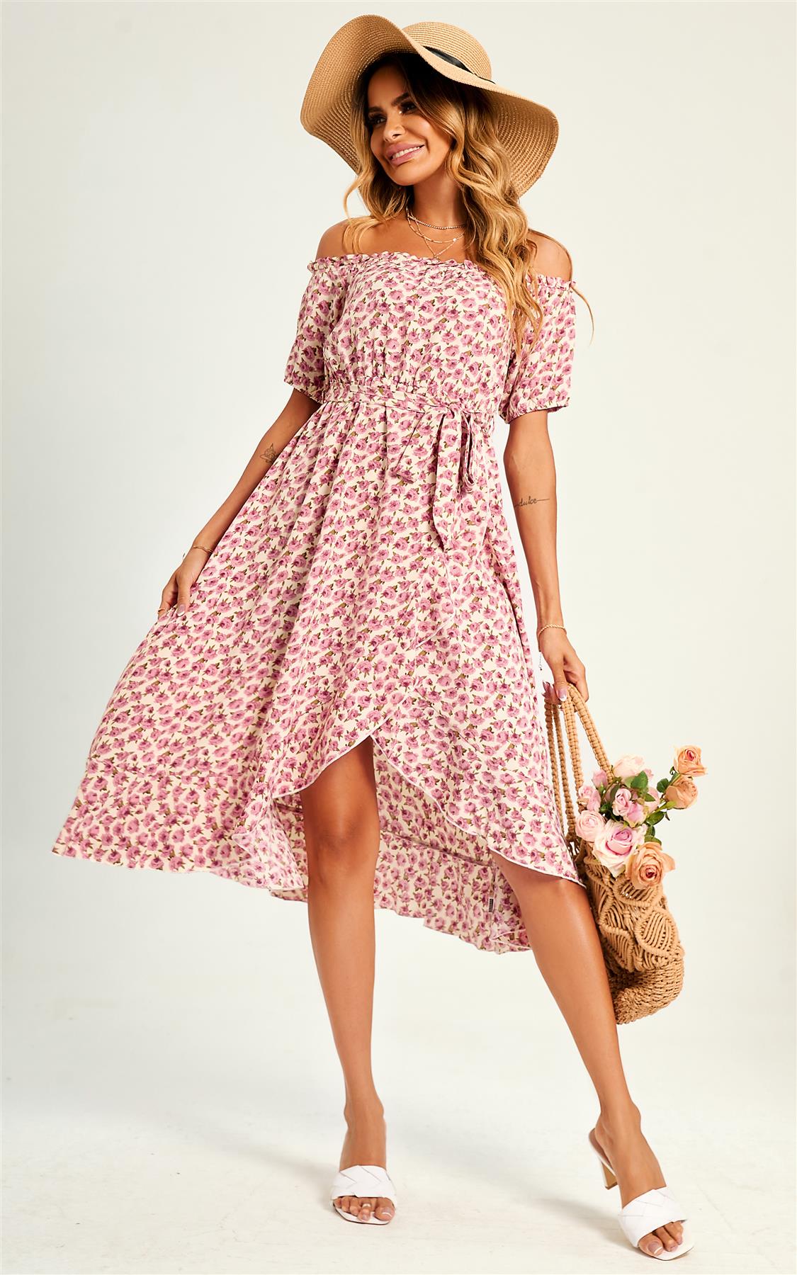 Rose Garden Bardot Frill High Low Slip Midi Dress In Pink