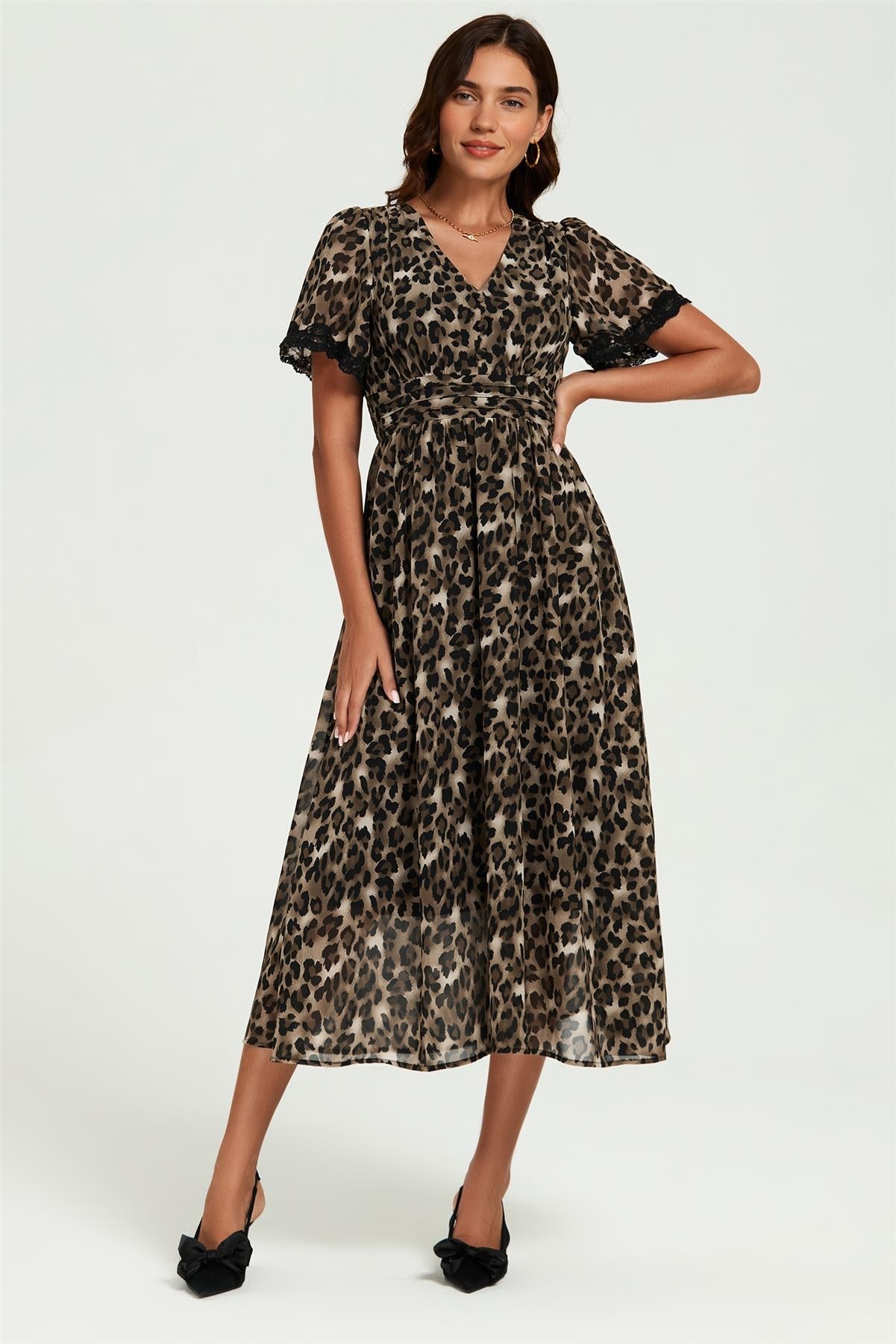 Leopard Print Lace Trim On Sleeve Midi Dress In Brown
