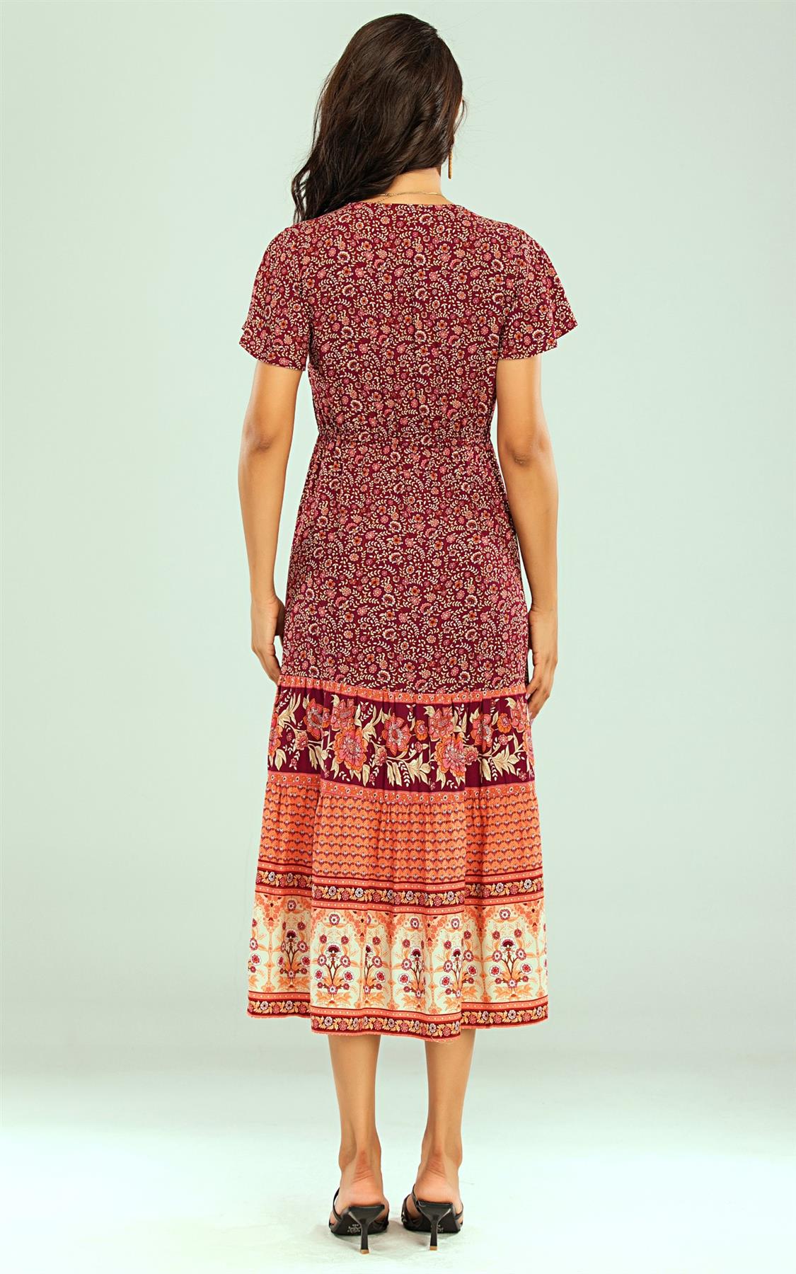 Floral Printed Tiered Midi Dress In Red