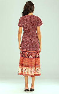 Floral Printed Tiered Midi Dress In Red