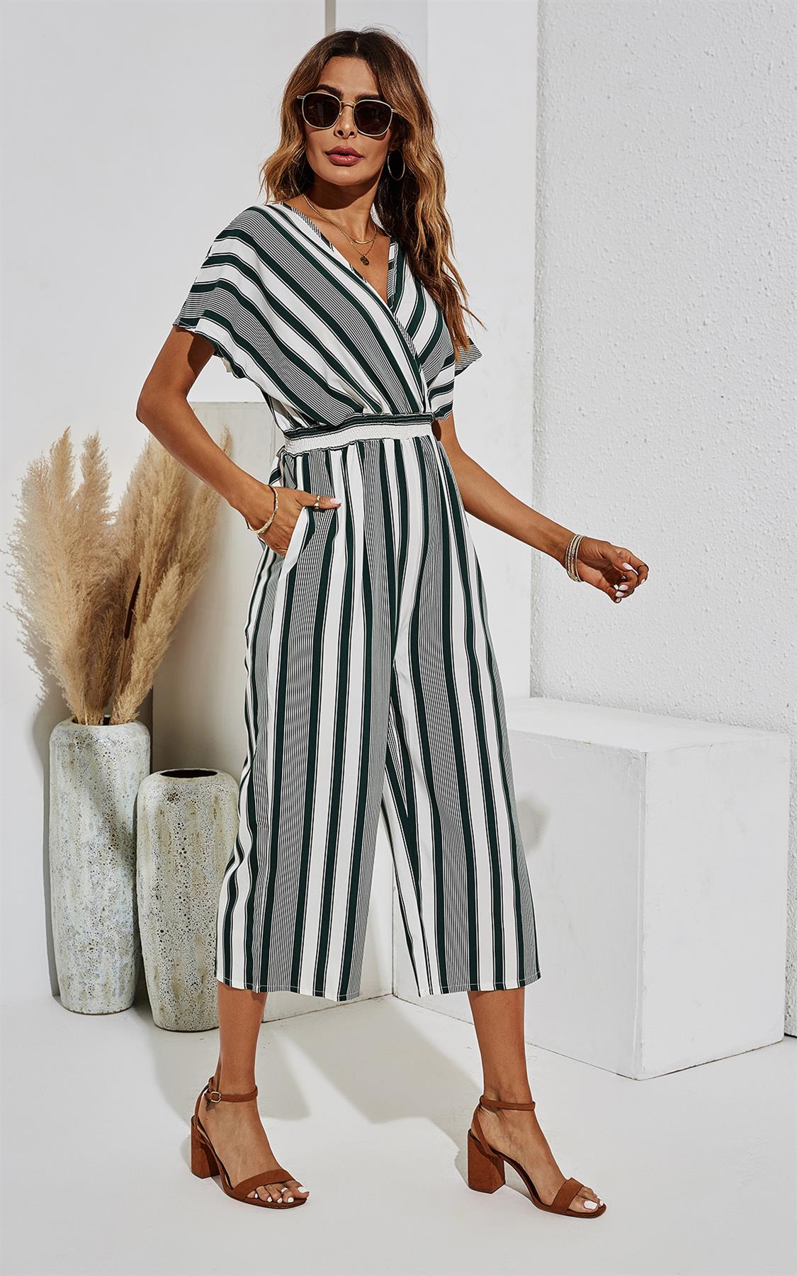 Kimono Sleeve White Stripe Jumpsuit In Dark Green