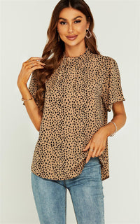 Little Heart Print Angle Sleeve High Neck Top/Blouse In Beige
