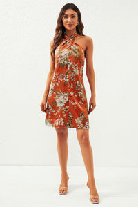 Satin Floral Print Halter Neck Mini Dress In Orange