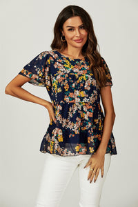 Floral Print Hem Tiered Smock Short Sleeve Blouse Top In Navy