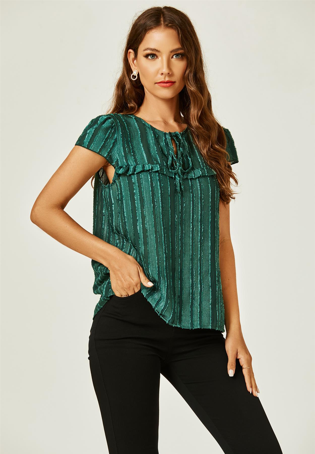 Flocked Tulle Sheer Top In Green