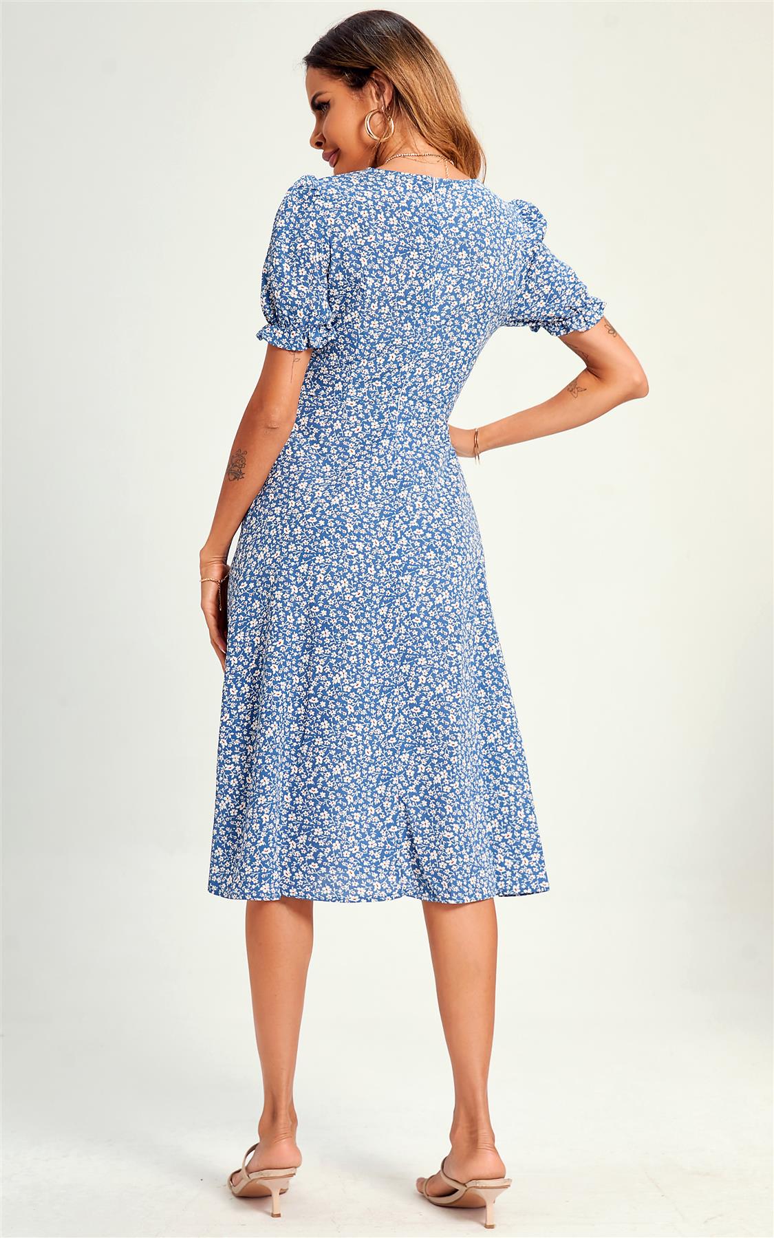 Little Flora Print Tie Front Slip Leg Dress In Blue