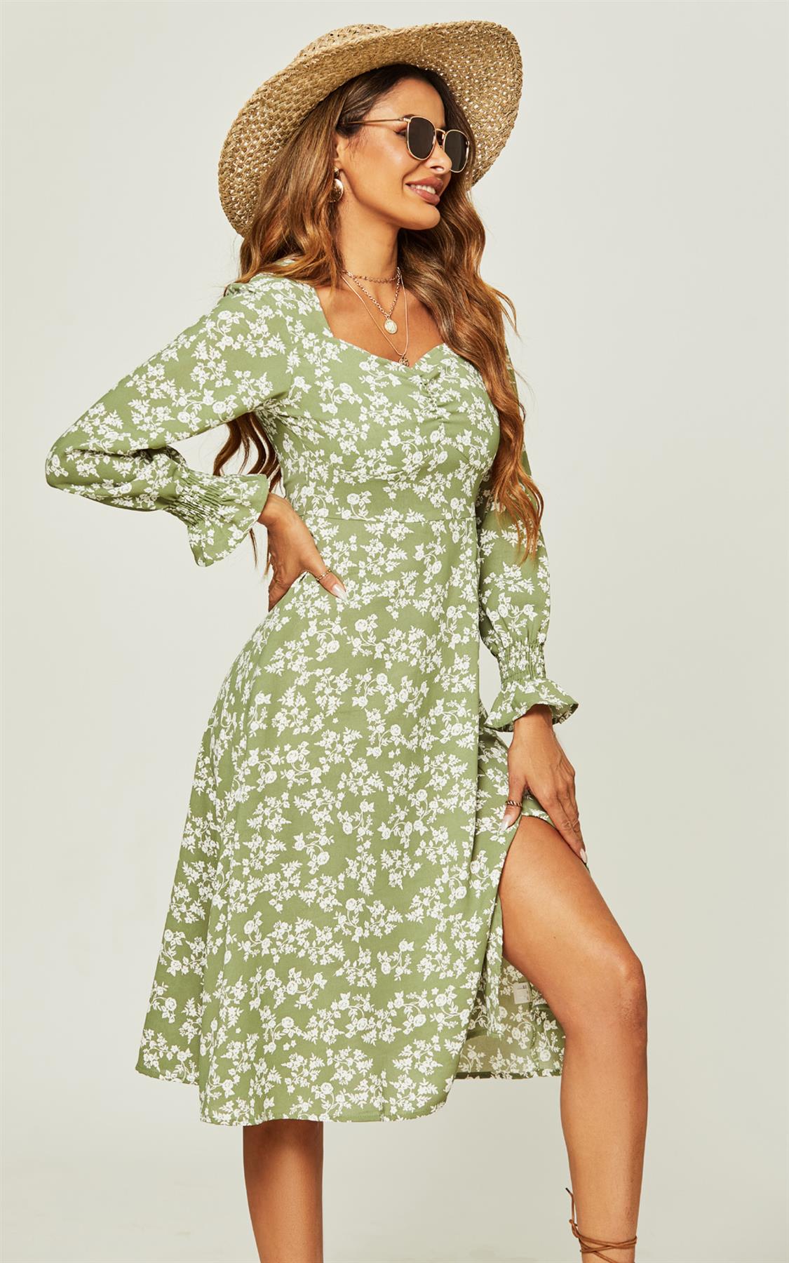 Long Sleeve Slip Leg Midi Dress In Green Flora Print