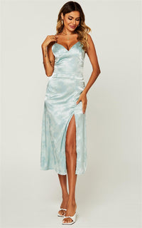 Satin Slip Cami Midi Dress In Mint Blue
