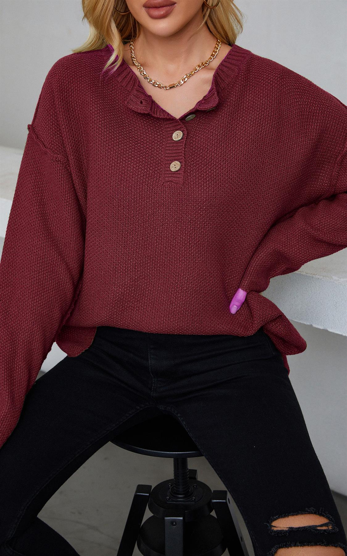 Button Detail Round Neck Sweater Jumper Top In Wine