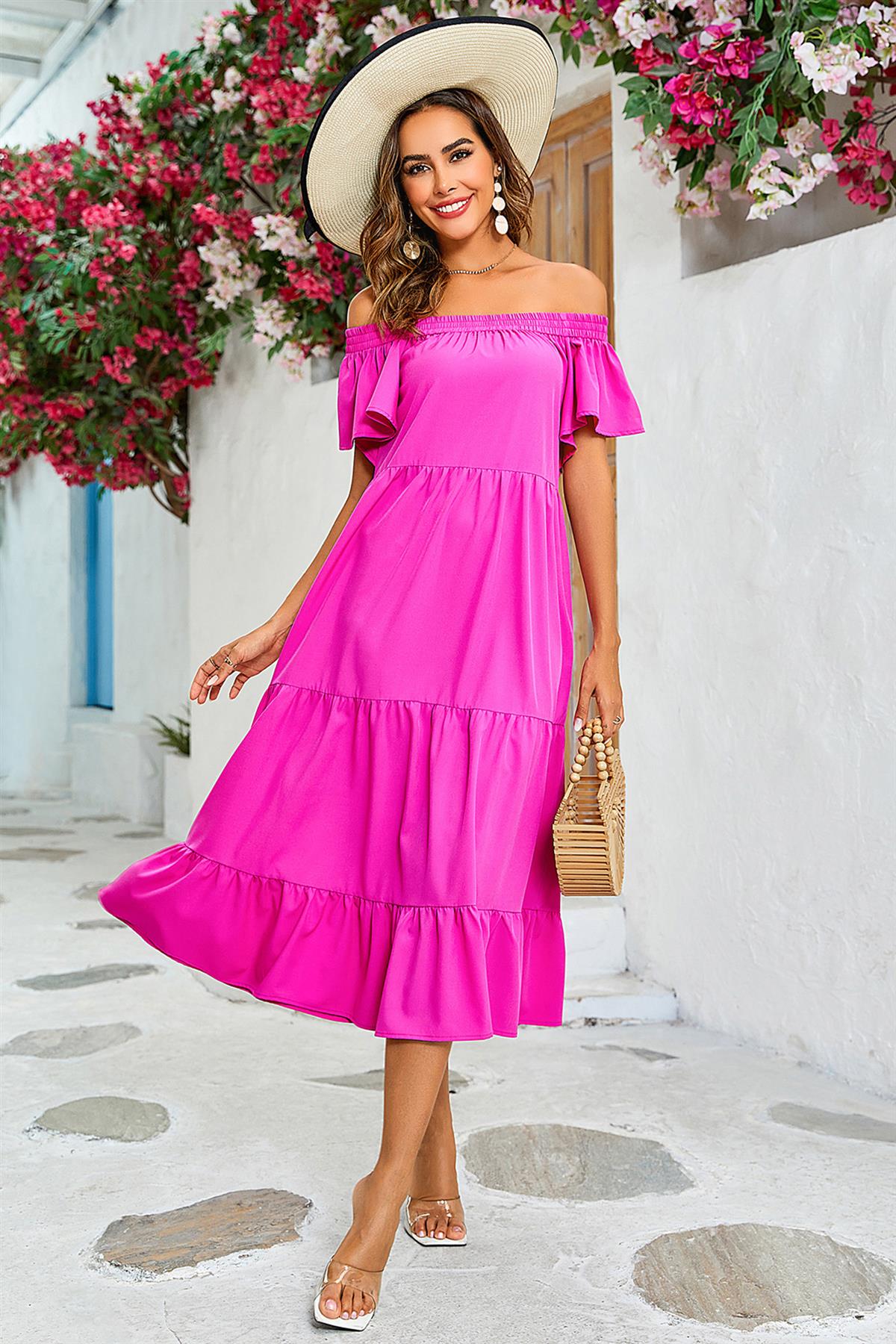 Off Shoulder Bardot Frill Midi Dress In Fuchsia Pink