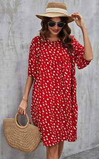 White Dot Short Sleeve Smock Dress In Red