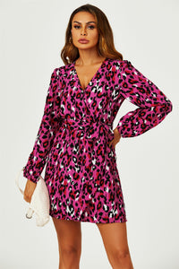 Leopard Print Wrap Top Mini Dress In Magenta