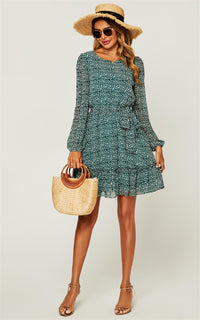 Ruffled Chiffon Long Sleeve Mini Dress In Dark Green Leopard Print