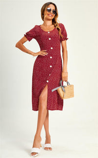 Polka Dot Button Detail Slip Midi Dress In Red