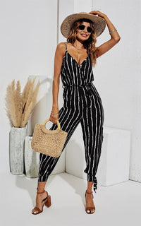 Split Leg Detail White Stripe Jumpsuit In Black