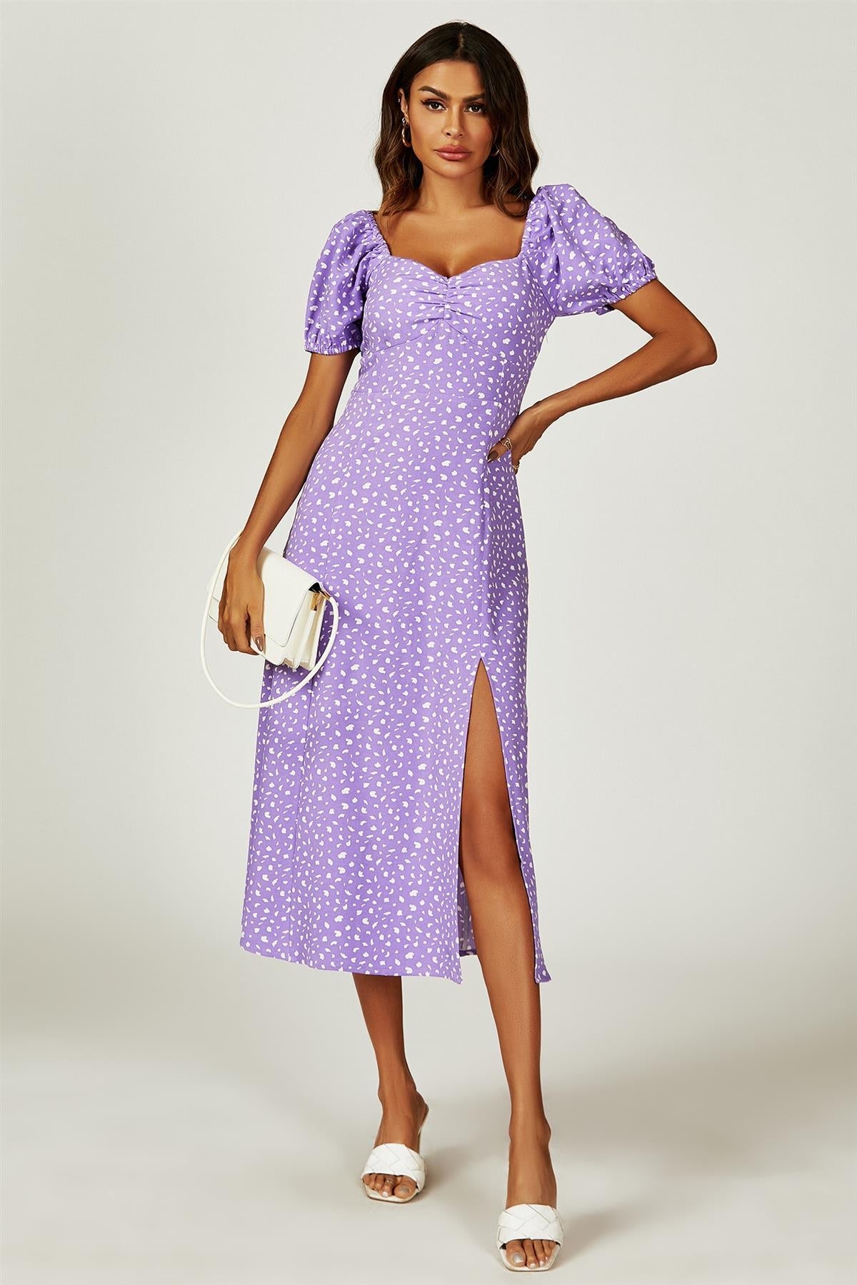 Puff Sleeve Heart Neckline Midi Dress In Purple