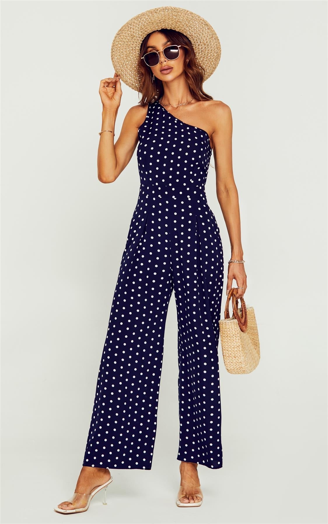 Polka Dot One Shoulder Bridesmaid Jumpsuit In Navy