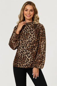 Leopard Print Foil Long Sleeve High Neck Top In Brown
