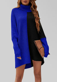 High Neck Half Forest Blue & Black Block Colour Jumper Top