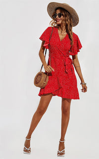 Dot Print Wrap Top Dress In Red