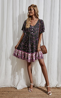 Purple Floral Print Button Front Mini Dress In Black