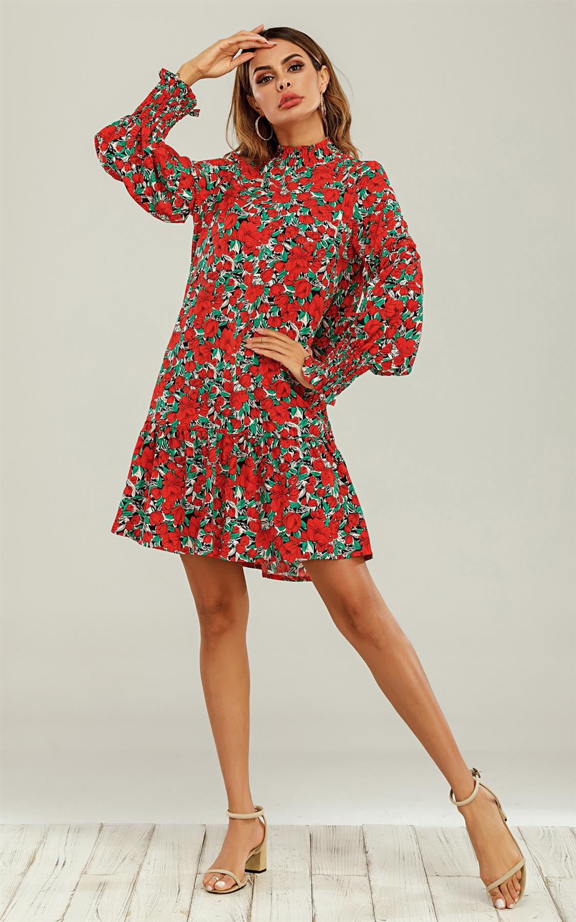 Frill Detail High Neck Shift Dress In Red & Green Floral