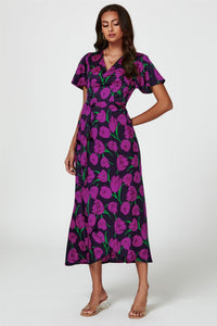Floral Print Satin Wrap Maxi Dress In Magenta