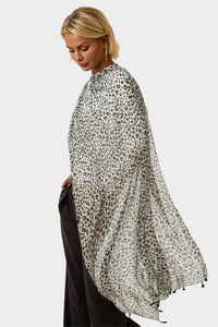 Black Leopard Print Tassel Scarf In White