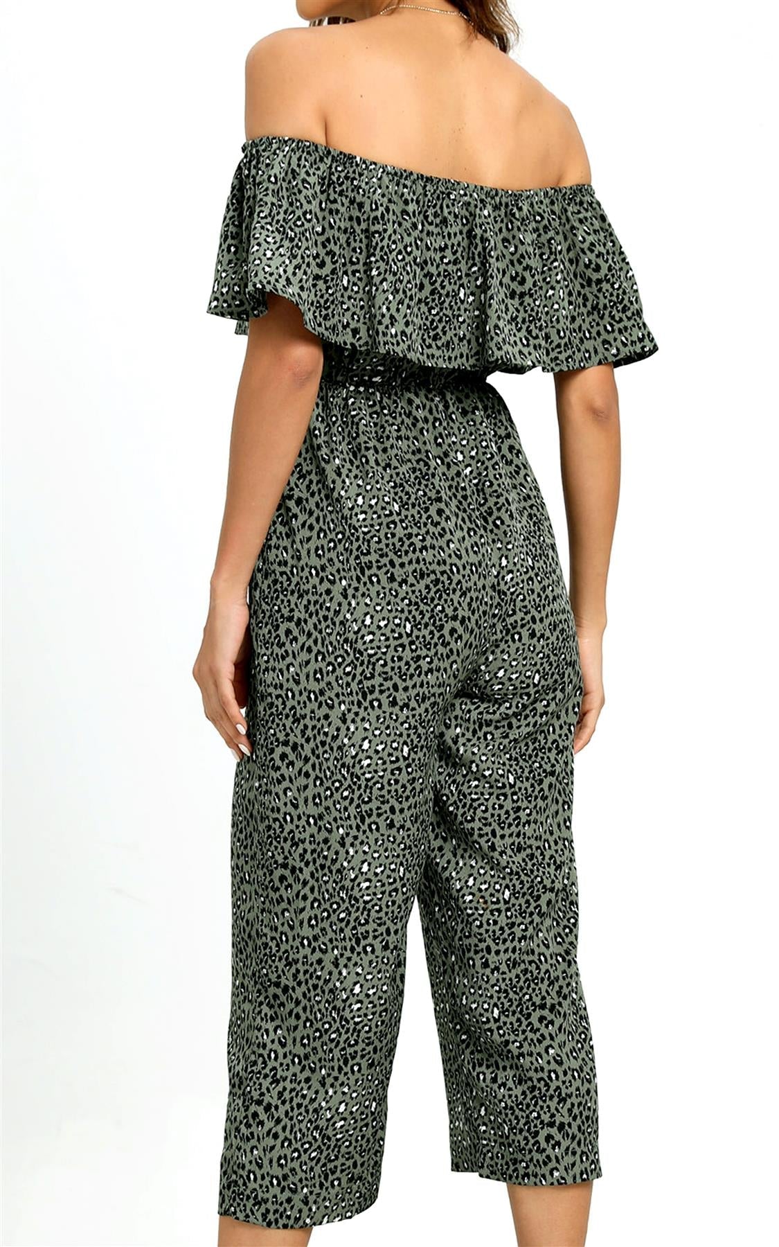 Leopard Print Bardot Ruffles Hem Jumpsuit In Khaki Green
