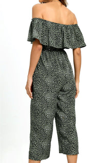Leopard Print Bardot Ruffles Hem Jumpsuit In Khaki Green