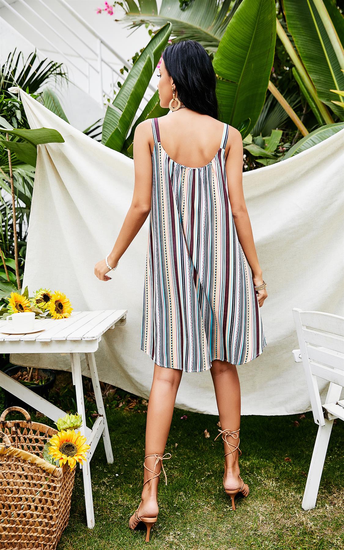 Striped Print Strappy Dress In White & Beige & Mint & Black & Red