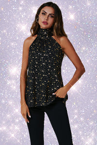 Gold Foil Star Halter Neck Tie Back Top In Black