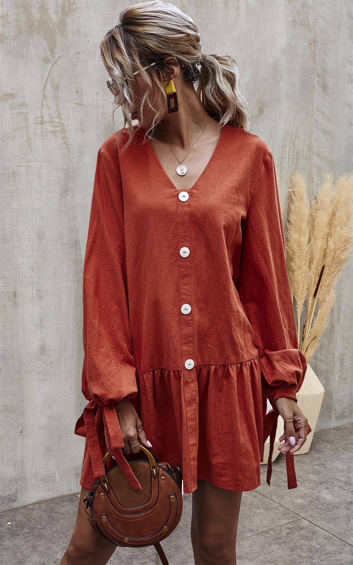 Button Front Mini Dress In Orange