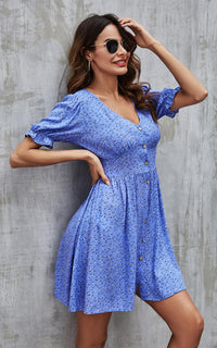 Little White Floral Print Short Sleeve Mini Dress In Blue
