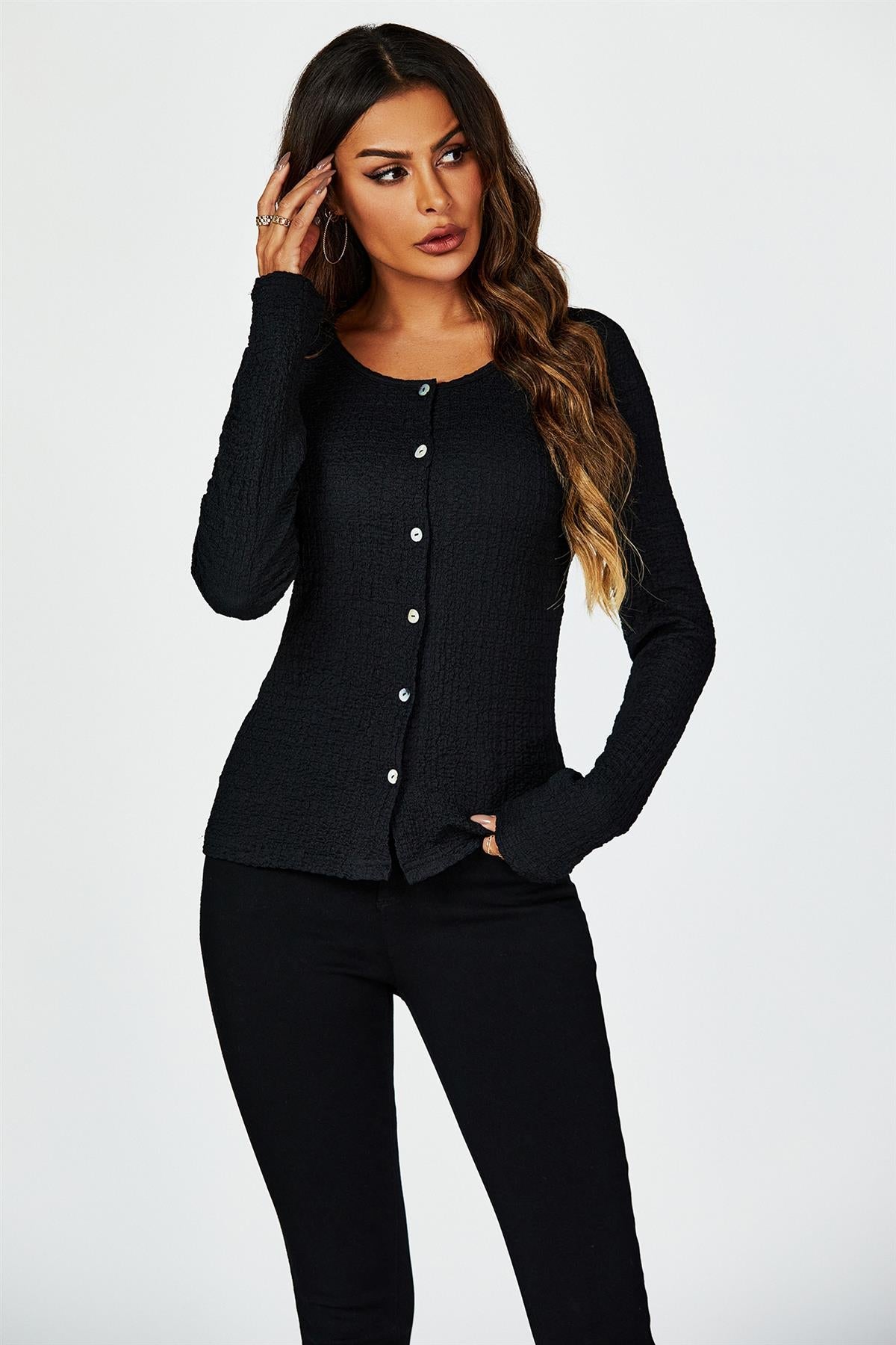 Button Down Ruched Stretch Long Sleeves Top In Black