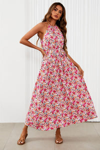 Floral Tie Halterneck Maxi Dress In Pink